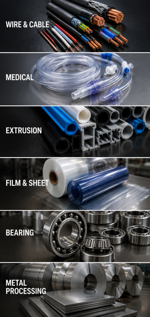 Industries using laser measurement systems including wire and cable, medical tubing, extrusion, film and sheet, bearings, and metal processing