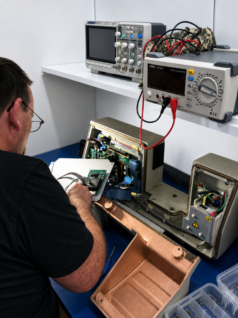 LaserTech Labs technician performing service and repair on an industrial laser measurement gauge